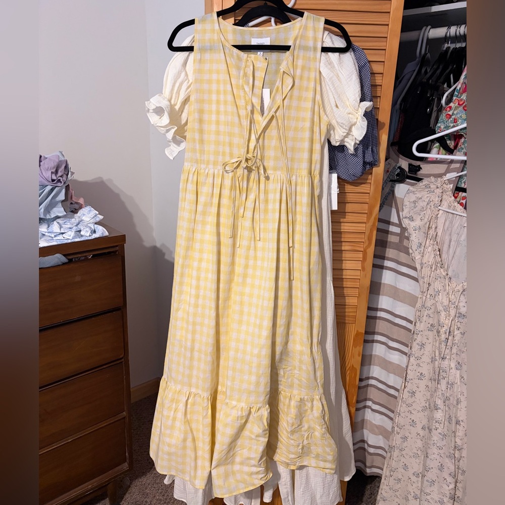 Alana Gingham Ribbon Detail Dress in Butter - Medium